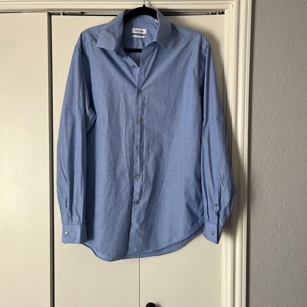 Calvin Klein Slim Fit‎ Light Blue Patterned Long Sleeve Dress Shirt